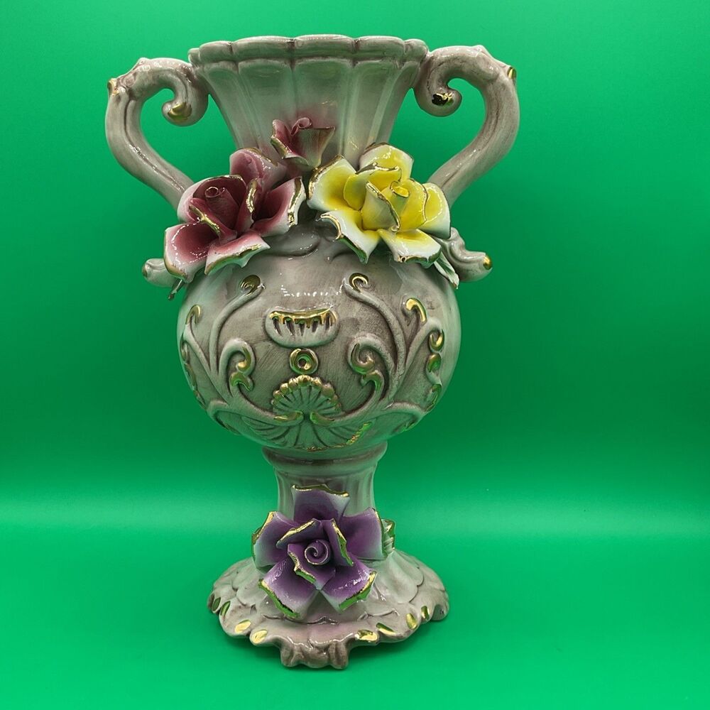 Vintage Porcelain Capodimonie Italian Floral Vase With Three Roses Two Handle - Picture 3 of 17